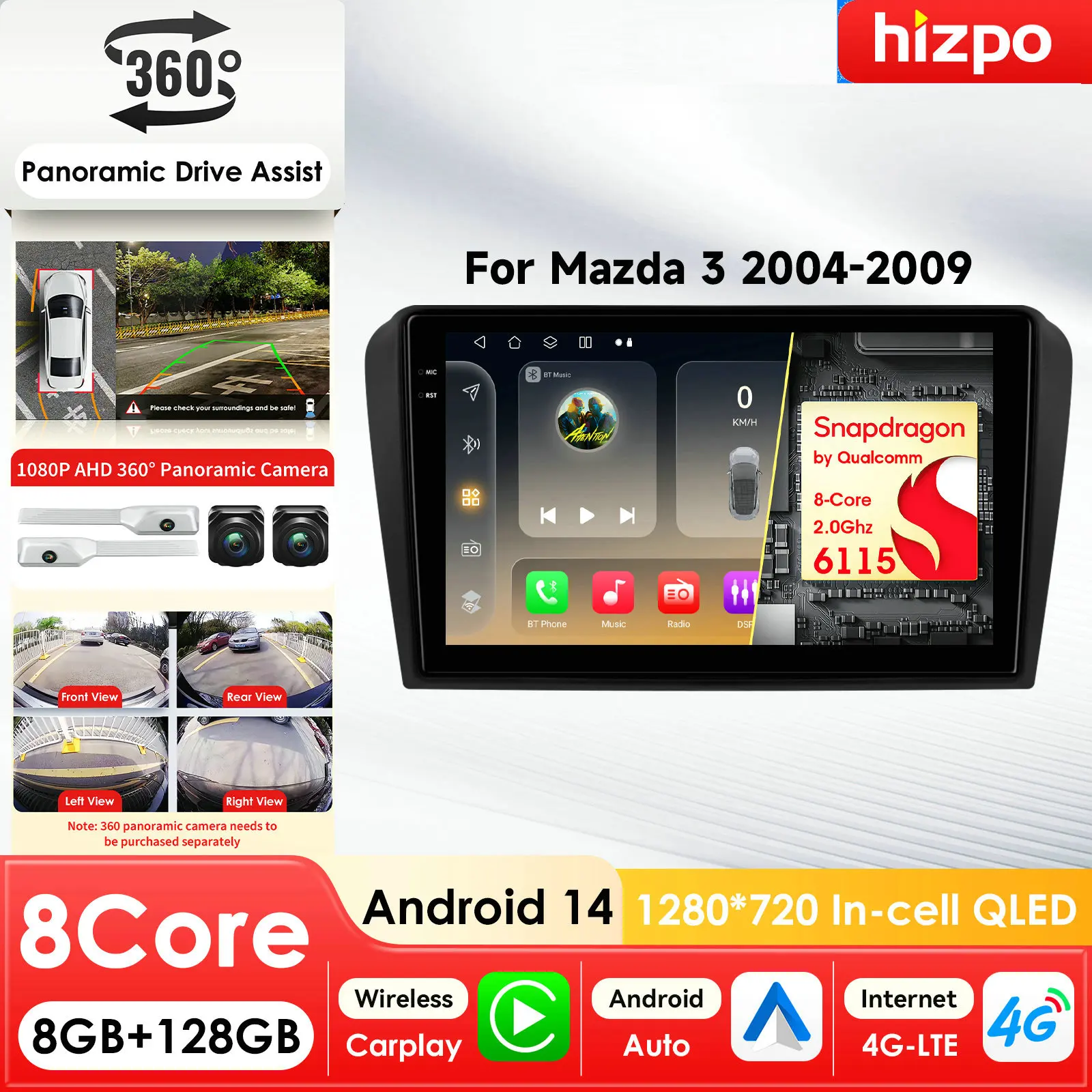 Hizpo 2 Din Android 14 Car Radio Multimedia Video Player Wireless Carplay for Mazda 3 2010 - 2013  Navigation GPS Stereo Screen