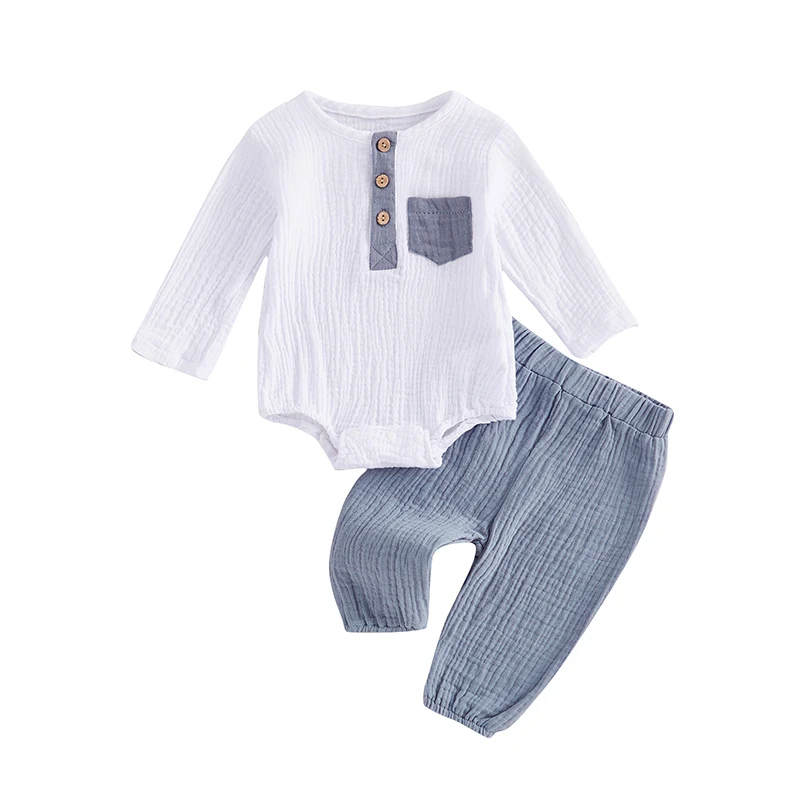 

Baby Boys 2PCS Outfit Sets Long Sleeve Crew Neck Contrast Color Romper Solid Color Pants Sets