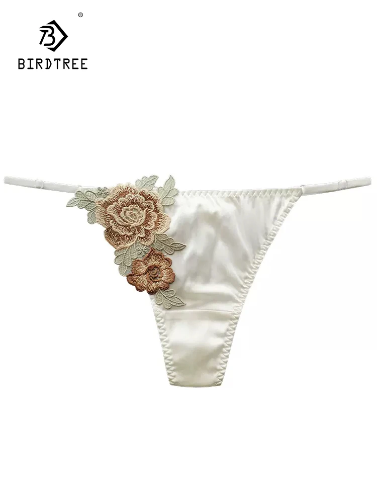 

BirdTree, 93%Natural Silk Sexy Briefs, Women's Floral Applique, Low-Waisted Erotic Hot T-back Underwear, 2024 Summer P46063QC