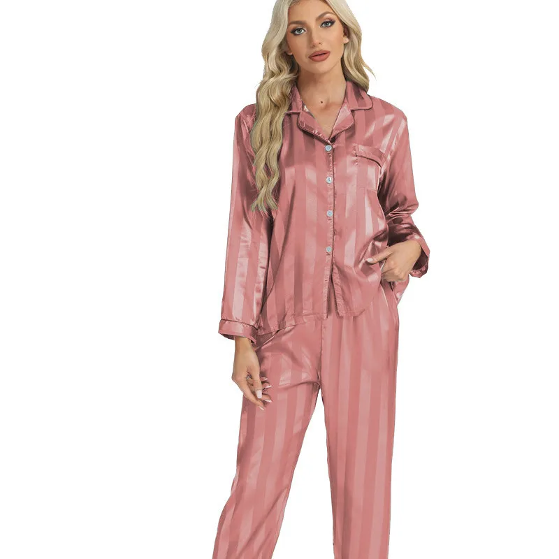 Women\'s Pajamas Sets Long Sleeve Pants Satin Ice Silk Striped Pajamas Women\'s Thin Pajamas Home Two Piece Set Homewear Pijamas