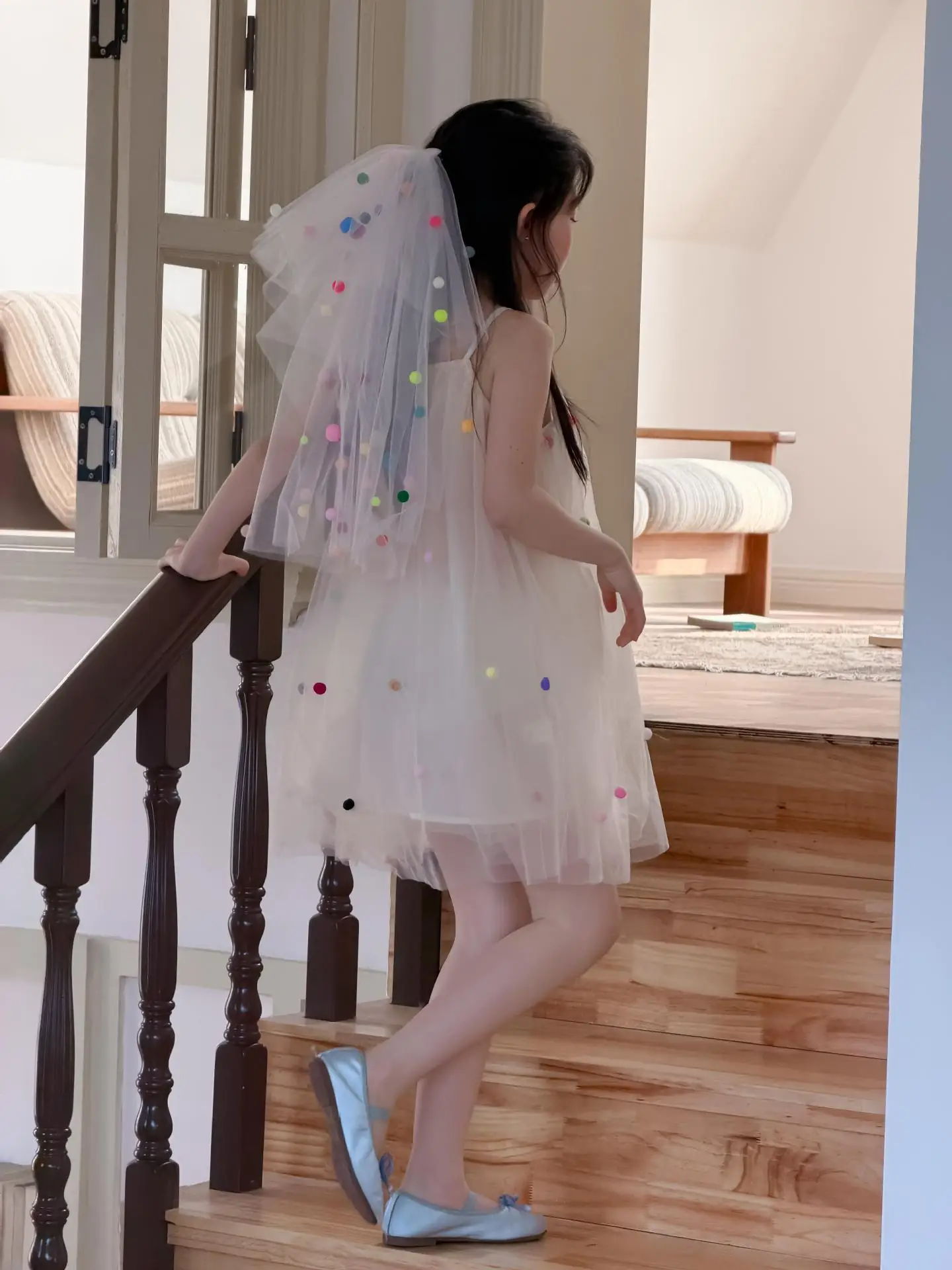 Girls' Colorful Polka Dot Mesh Suspender 2026 Summer New Style Fairy Design Dress Princess Skirt