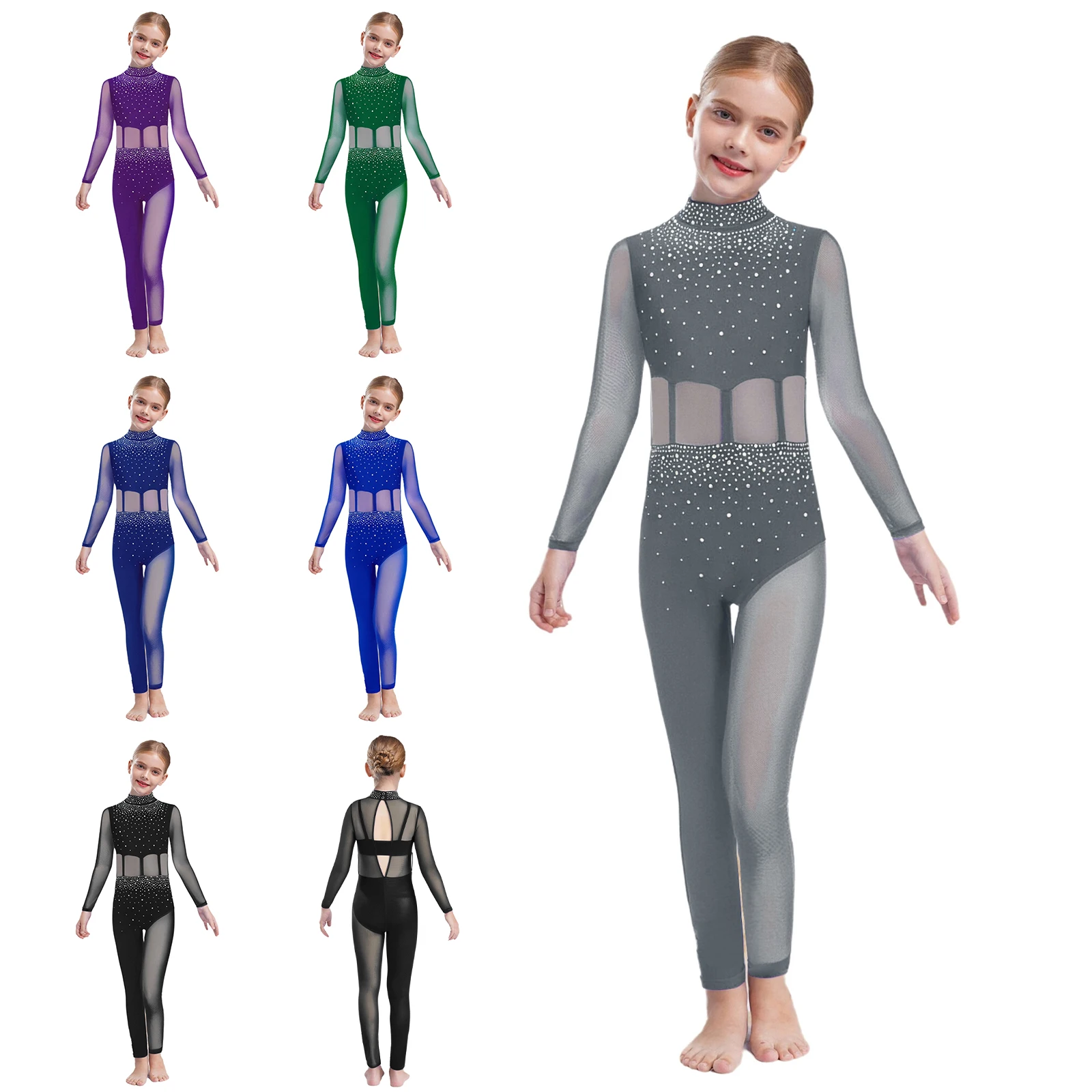 Professionele kunstschaats-catsuit voor meisjes met sleutelgat-achterontwerp, pure mesh en met strass versierde jumpsuit voor ijsshows