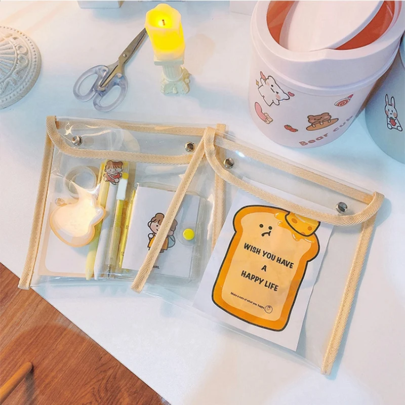 A34M-PVC Snap Button Bag Pencil Case Test Paper Stationery Storage Bag Large Capacity Waterproof Transparent Document Bag