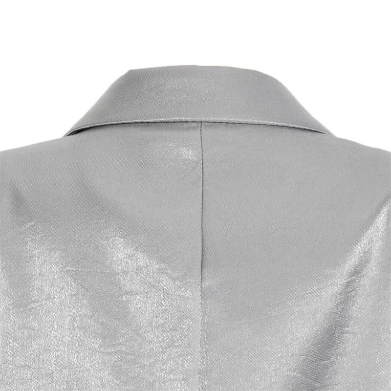 Belt Women Baseball Coat Peak Lapels Double-Breasted Tops Glamorous Silvery Large Collar Pocket Long Sleeve Coat Newest In Stock