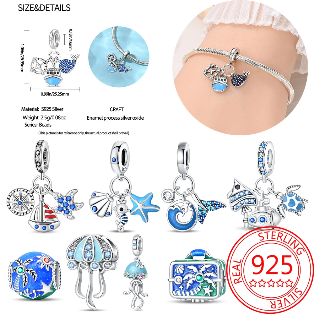 Blue 925 Sterling Silver Wave&Boat&Fish Three Piece Set Combination Charm Fit DIY Bracelet NecklacesTravel Commemorative Jewelry