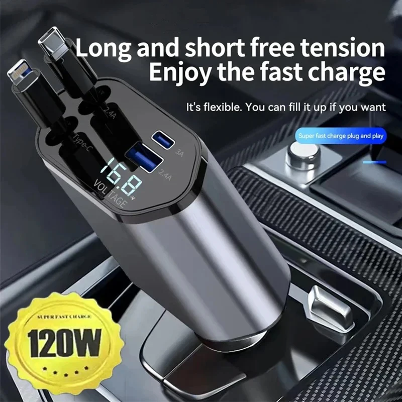 100W 4 IN 1 Retractable Fast Car Charger USB Type C Cable For iPhone Samsung Fast Charge Cord Car Cigarette Lighter Adapter