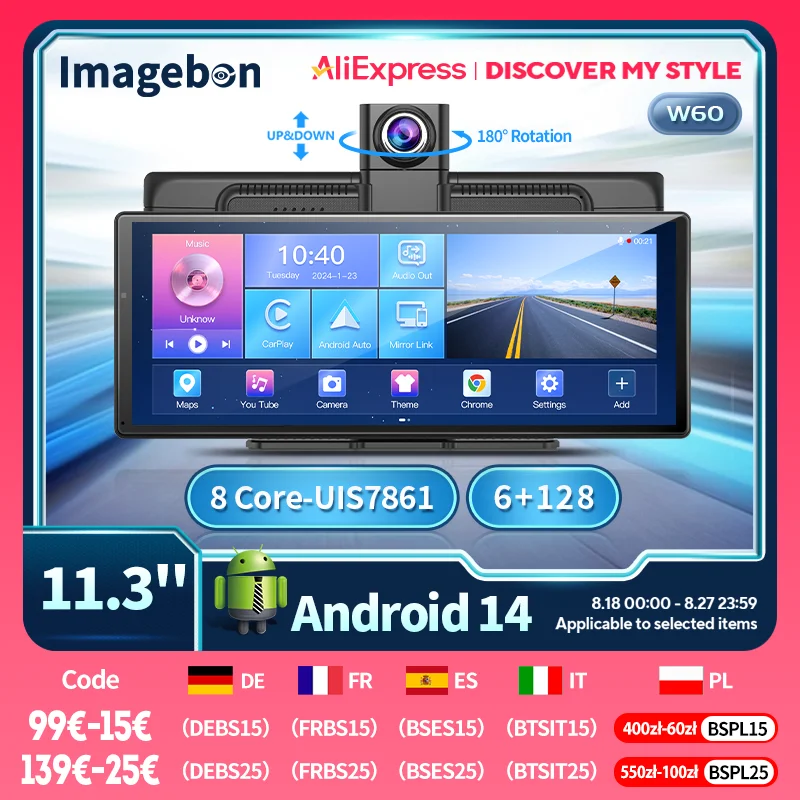 W60 11.3 ''8 Core Android 14 6 + 128GB Lettore multimediale Carplay e Android Auto 5G WiFi Google Play Youtube Netflix OTA Aggiornamento