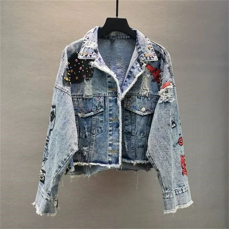 Manual Rivet Beaded Line Tassel Letter Graffiti Print Women Denim Jacket Spring Autumn 2024 Casual Hole Denim Jacket Veste Femme