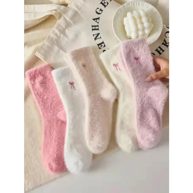 Mid Calf Sleep Socks with Cute Bow Plush Mink Fur Thick Warm for Women Home Cozy Soft Non-Slip Trendy Essential Gift Set
