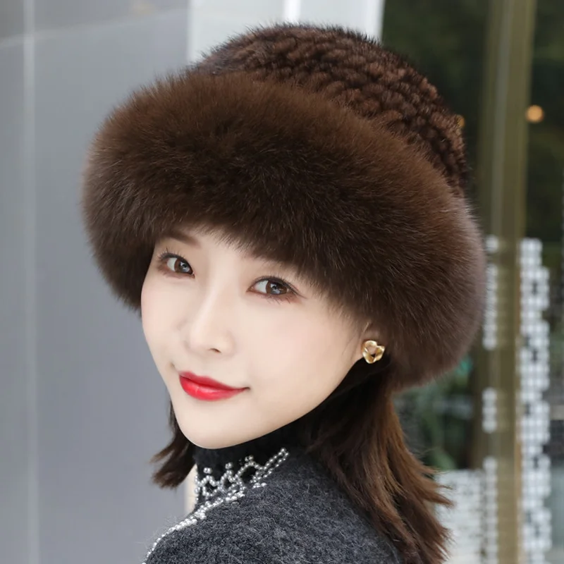 

Natural Mink Hat Knitted Mink Fur Hat Y2K Cap Women Handmade Knit Fashion Plush Winter Headwear Warm Real Fox Fur Russian Hat