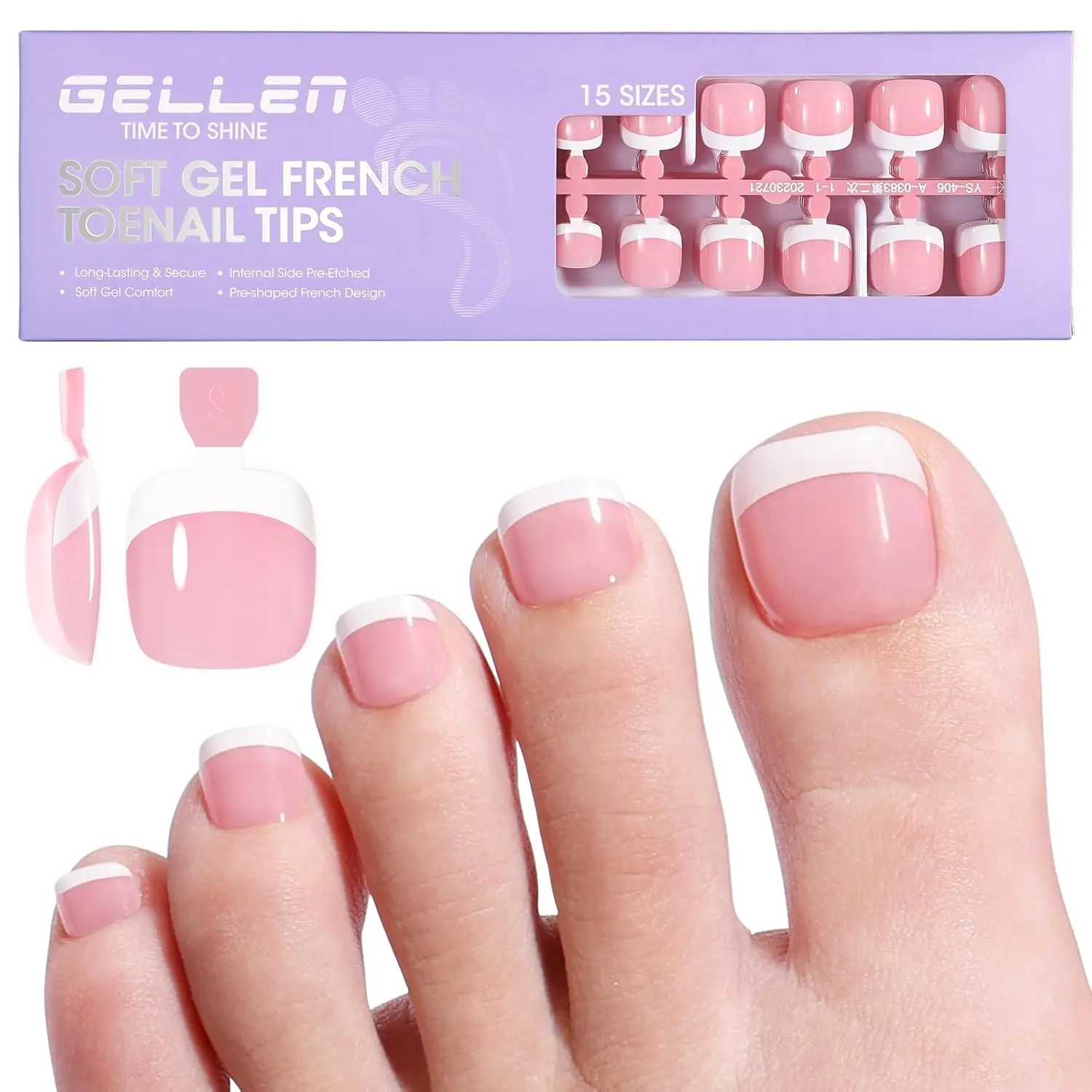 

GELLEN Набор наклеек для накладных ногтей на ногтях French Tips Короткие розовые мягкие гелевые носки без сколов Полное покрытие 15 размеров 240 шт. ногтей на ногах