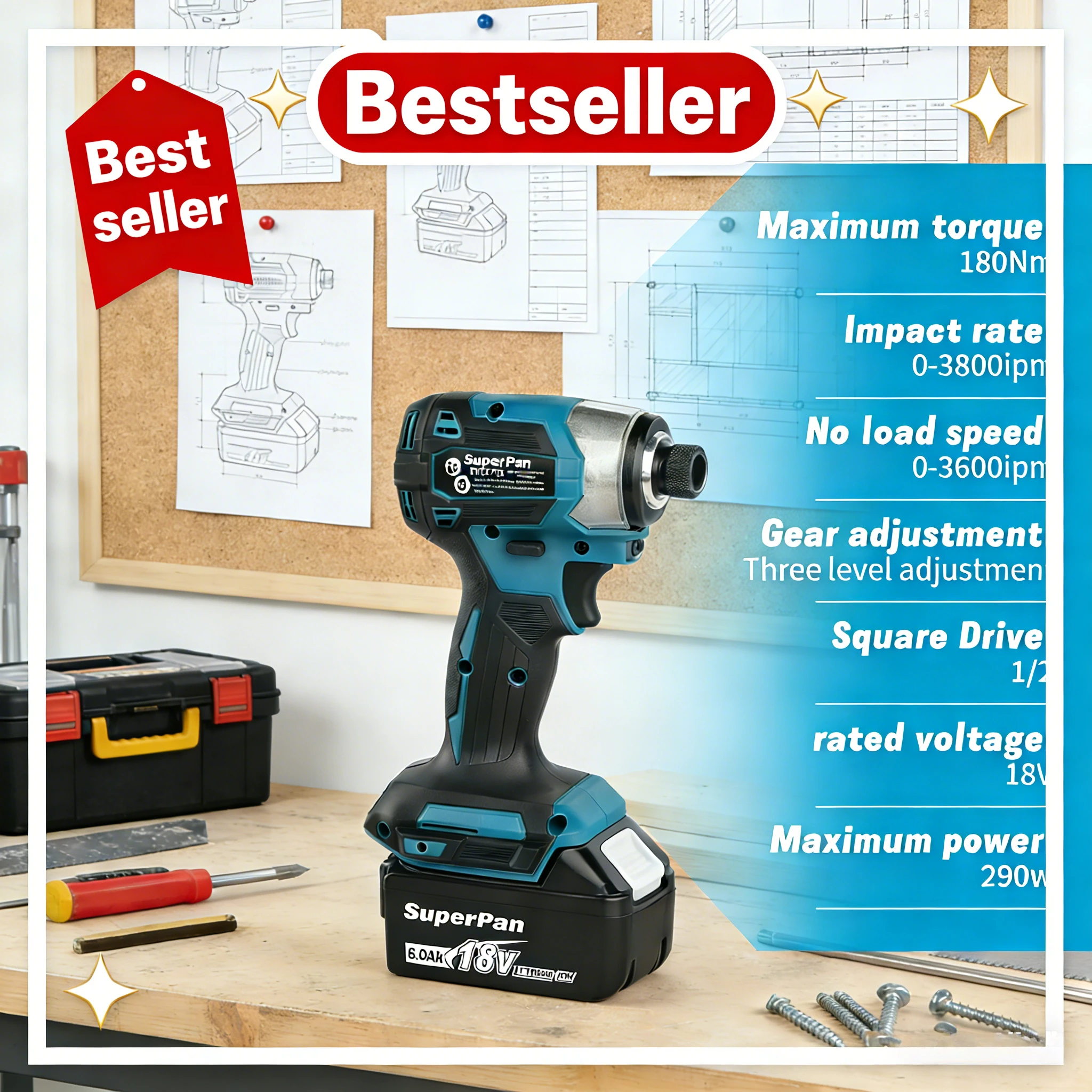 

SuperPan SP173 18V Brushless Impact Driver 6.0Ah 180N.m for Home Use Car Repair Furniture Building for makita 18V battery pin