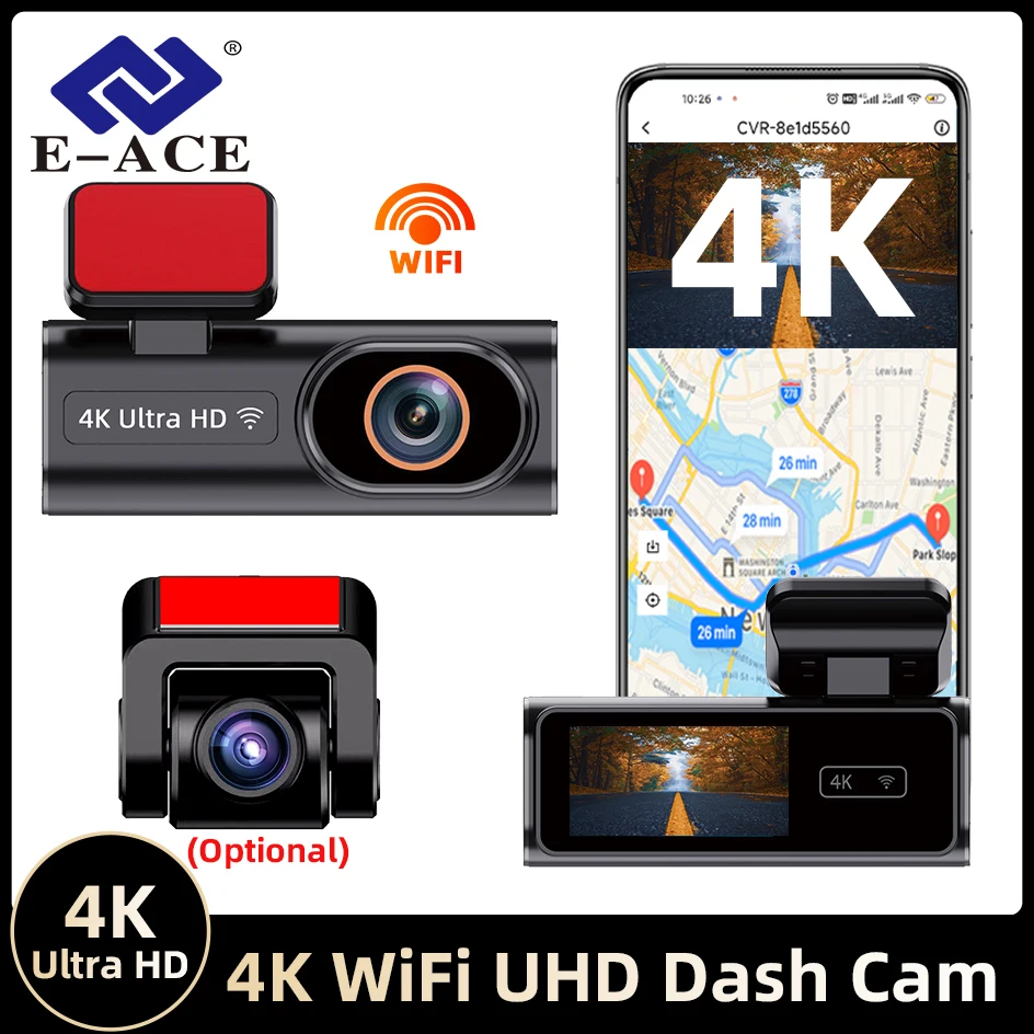 

E-ACE4K WIFI APP Control Dash Cam Support Optional Rear 1080P Dual Lens Black Box RearView Camera WDR Night Vision G-Sensor