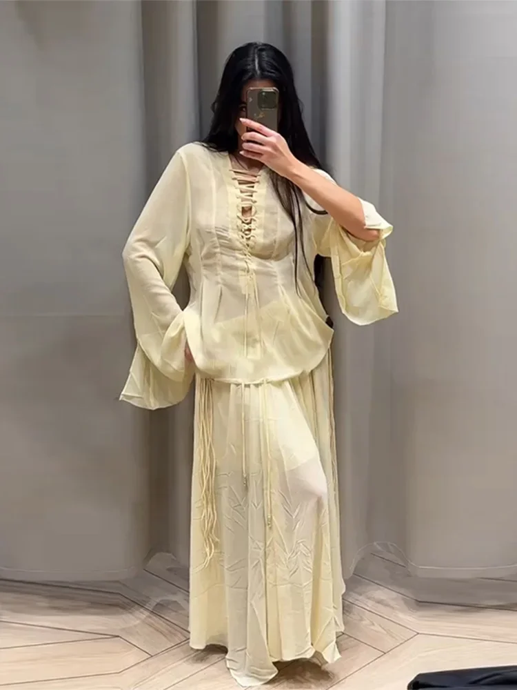 

Elegant Women's Chiffon Ruffles Blouses Skirt Sets V Neck Lace Up Long Flare Sleeve Shirt Pleated Skirts Set Spring Lady Outfits