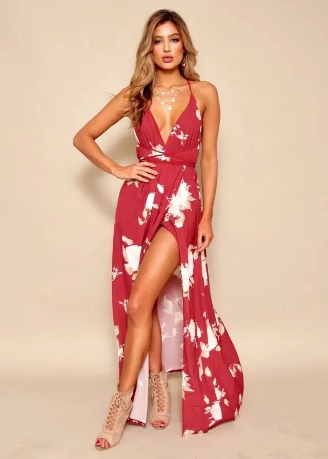 Robe de soirée longue à col en V et dos nu pour femmes, robe à licou, jupe flottante, coupe basse, bohème, plage, sexy, mode estivale, nouveau, 2024