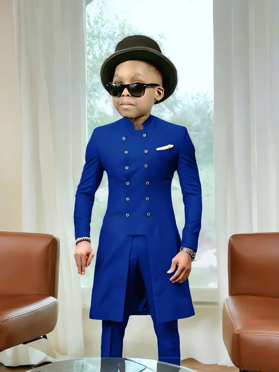 Royal Blue Double Breasted Boys Suits for Wedding Party Stand Collar Formal Kids Tuxedo Child Jacket Pants Slim Fit Outfit Set