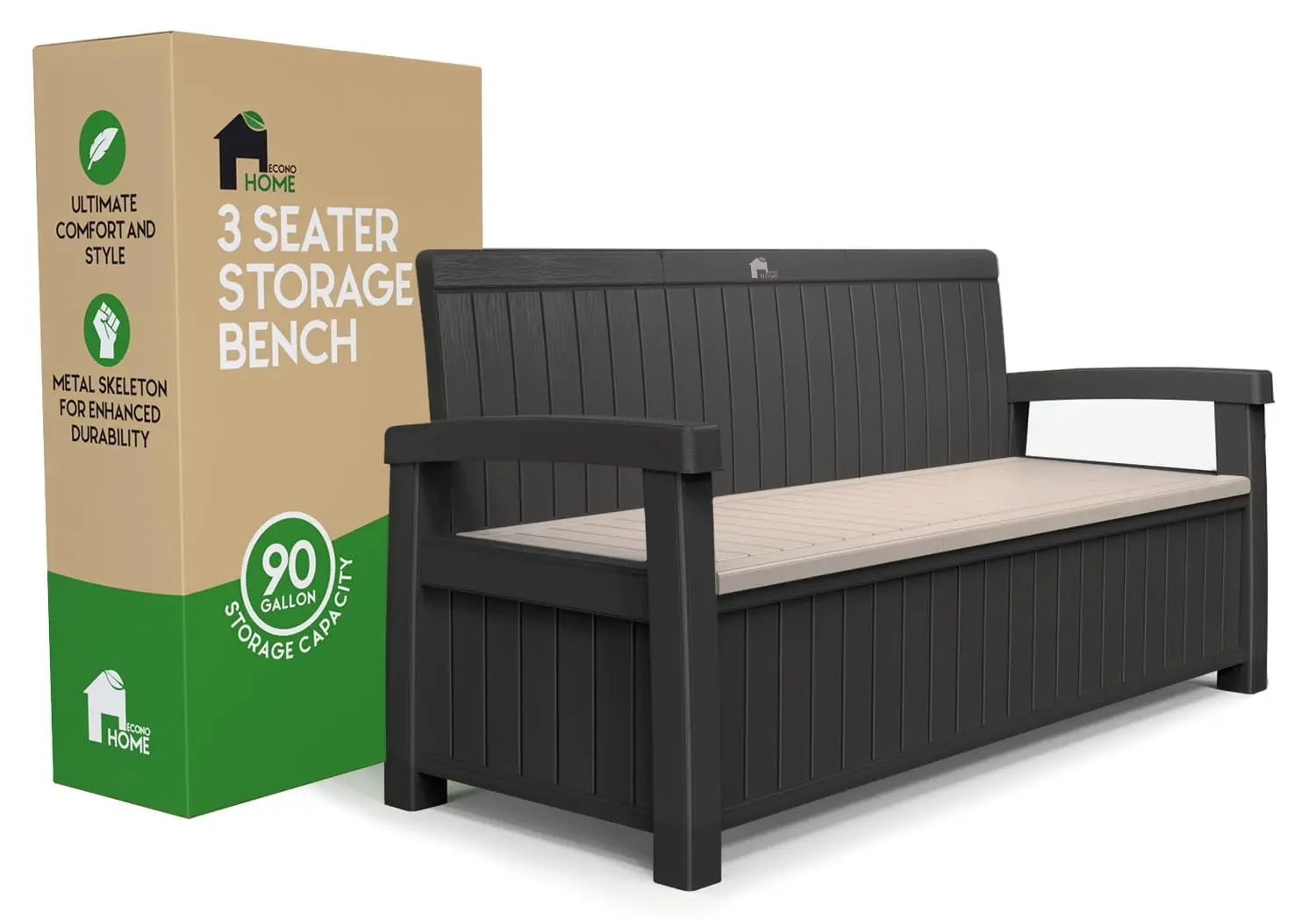 

3 Seat Outdoor Storage Bench - 90 Gallon Capacity - Weatherproof Resin Bench for Patio, Porch, Garden, Yard, Pool, Customized