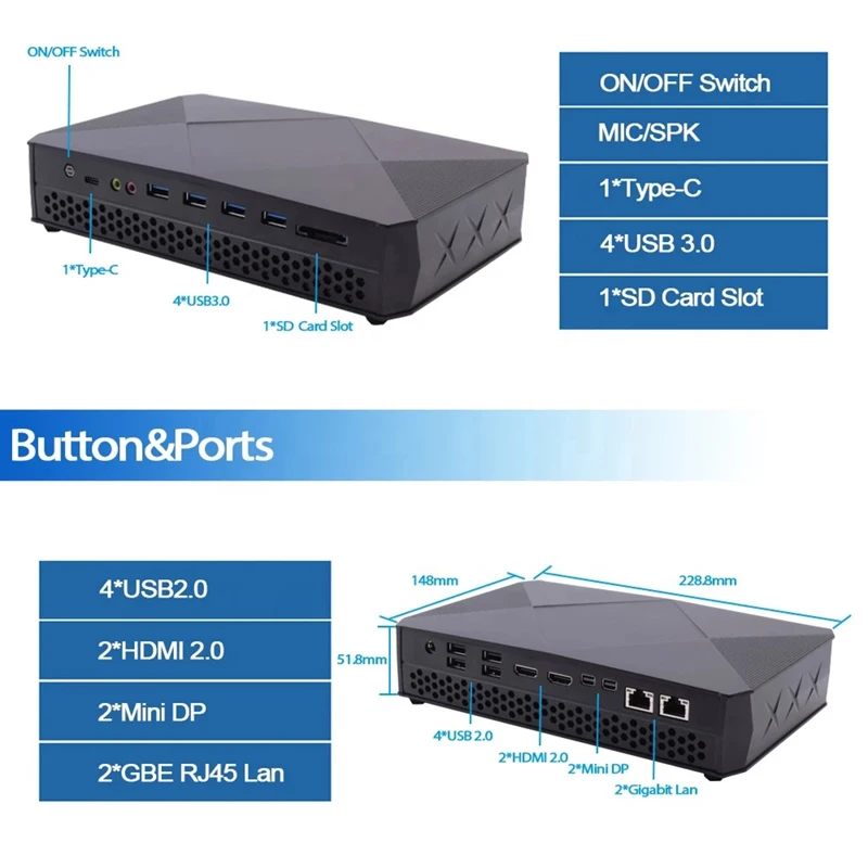 8M Cache 14nm Nuc Mini PC Win10 PC de jeu professionnel de bureau