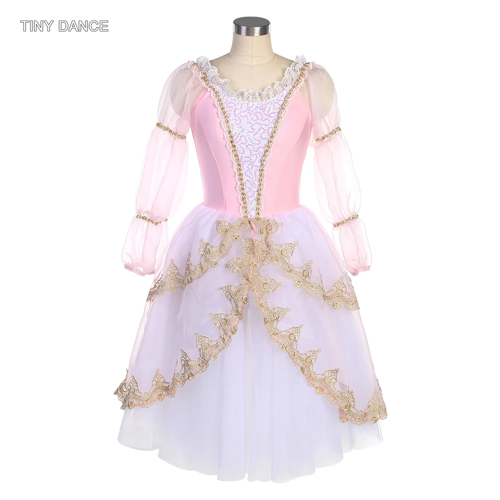 

Long Sleeves Ballet Dance Tutu for Girls and Women Pink Spandex Leotard with Gold Sequin Trim Romantic Length Tutu Skirt 23220