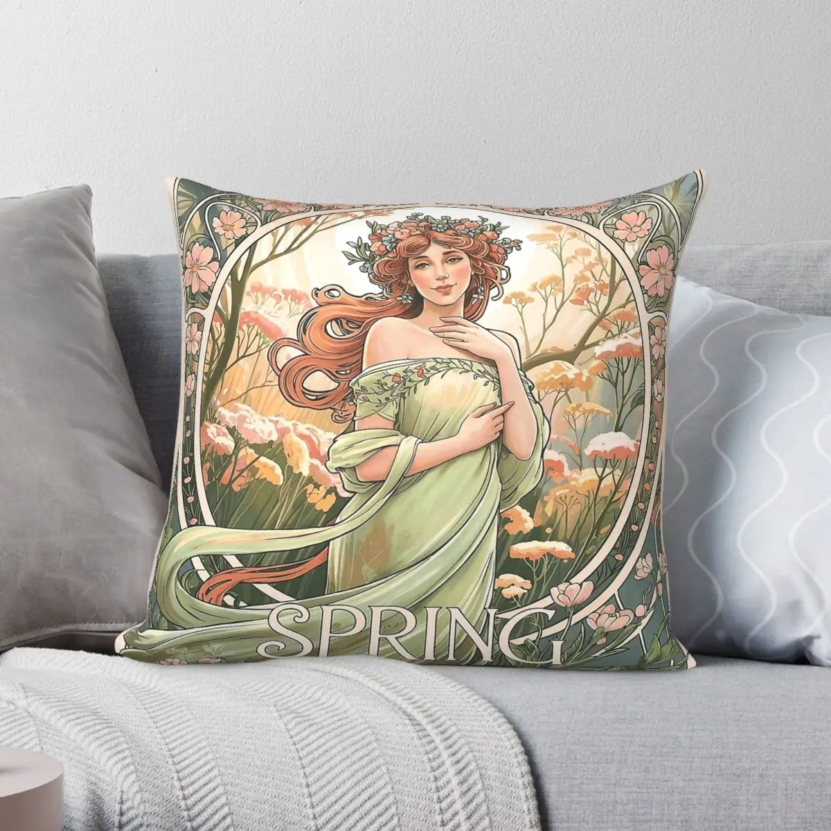 Seasons Spring Alphonse Mucha Square Pillowcase Polyester Linen Velvet Pattern Zip Throw Pillow Case Sofa Seater Cushion Cover