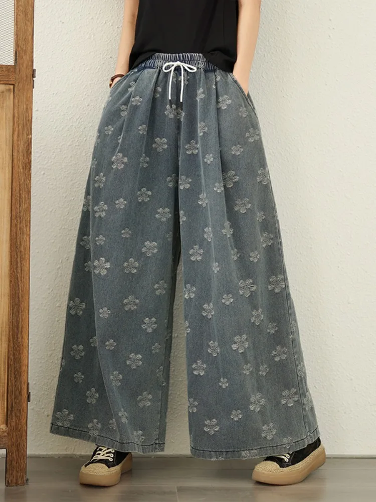 

Loose High Waist Wide Leg Embroidered Denim Jeans Women's Summer New Sle Casual Straight Cut Long Pants Vintage Floral