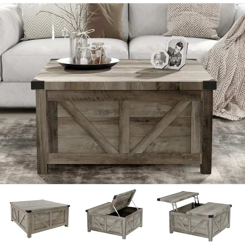 Farmhouse Lift Top Coffee Table with Storage,Wood Square Center Table with Charging Station&USB Ports, Living Room Central Table