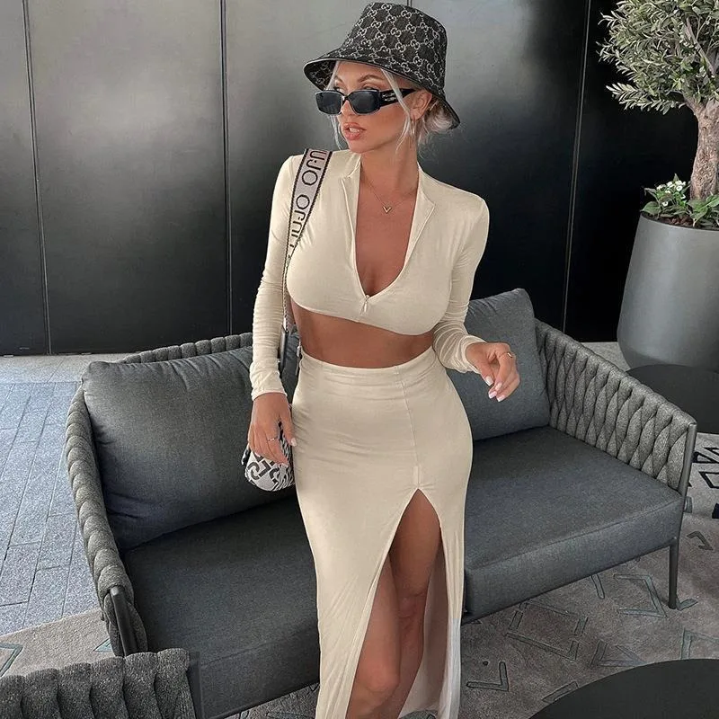 

Tuularose High Waisted Dress Sets Sexy Tight Long Sleeve Top Slit Skirt Set Fashion Party Looks Women Long Dress Sets Outfits