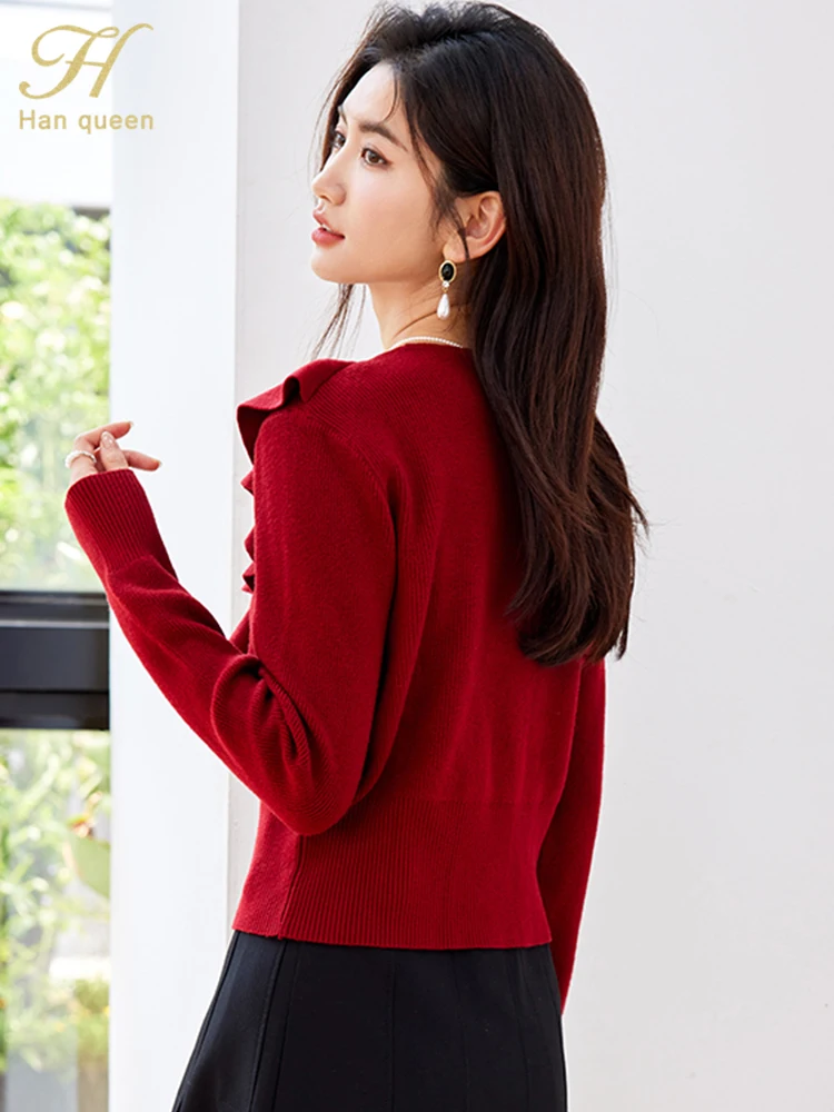 H Han Queen Autumn Woman Clothing Ruffles Pullover Knitwear Fashion Buttons Long Sleeve Vintage Korean Tops Casual Women Sweater