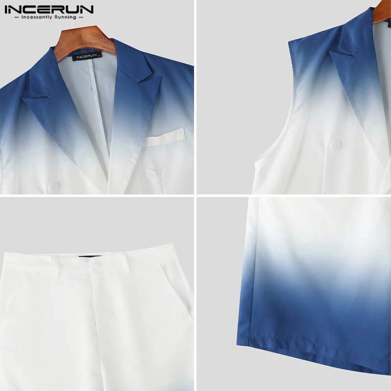 INCERUN Men Sets Tie Dye Gradient Lapel Vests & Shorts Two Pieces Sets Loose Streetwear 2025 Fashion Casual Men's Suits S-5XL