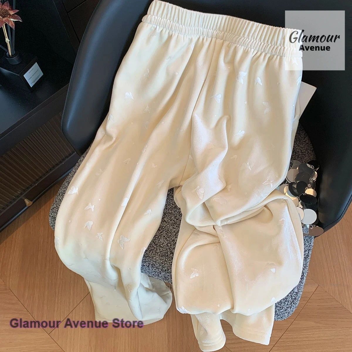 Korean beige butterfly hot velvet wide-leg pants women's autumn and winter design feeling lazy loose casual straight pants
