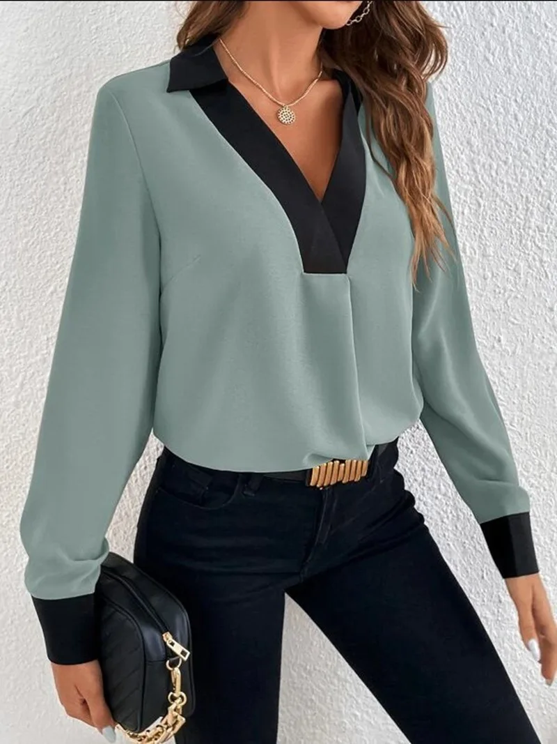 

Women's V-neck Contrast Long Sleeve Casual Shirt Autumn Elegant Office Lady Blouse Tops Рубашки Camisas Elegantes Para Mujer