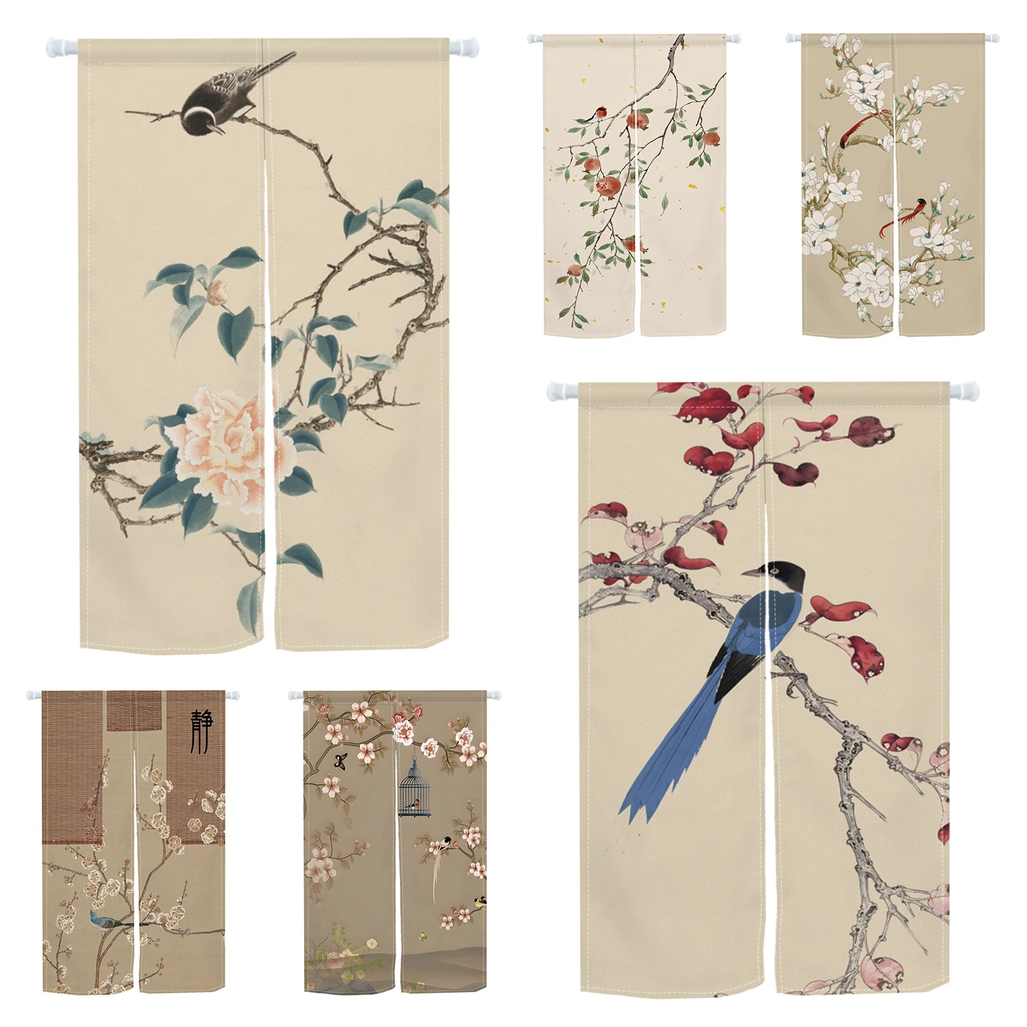 Chinese Traditional Flower Bird Door Curtain Tea Room Sake House Simple Modern Japanese Noren Kitchen Living Room Partitions