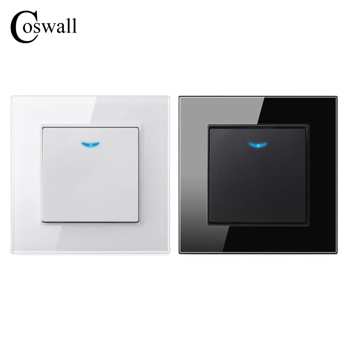 Coswall Glass Plate 1 Gang 1 Way Reset Pulse Impluse Switch Momentary Contact Push Button Wall Light Switch Blue Backlight