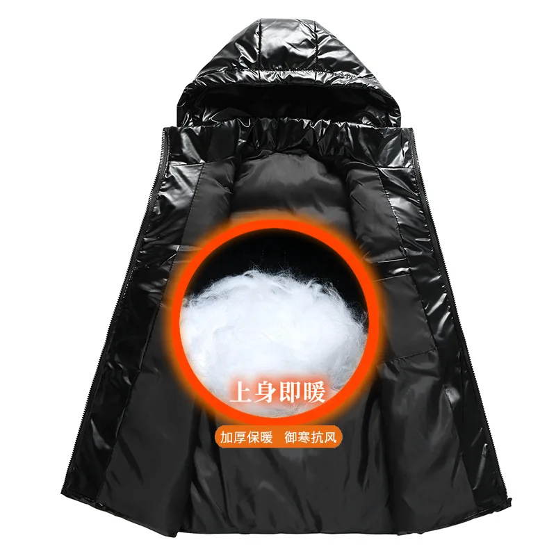 2025 Oberfläche glänzend schwarz grau Weste Weste Männer mit Kapuze lässig warm dick Herren Weste Jacke Reißverschluss Oberbekleidung Herbst Winter