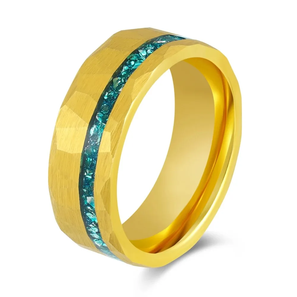 Customized 8mm Width Hammer Tungsten Wedding Ring for Men Women Gold Color Inlay Green-Blue Fragment Opal Comfort Fit Size 7-12