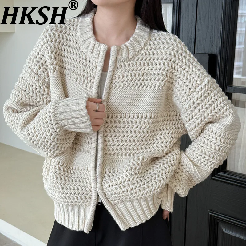 

HKSH Autumn Winter New Women's Sweater O-neck Double-zipper Thicken Knitted Cardigan Versatile Elegant Trend Casual Tops HK15534