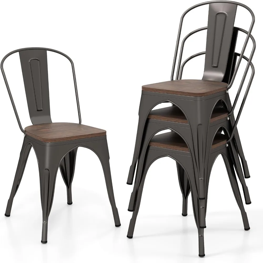 

Dining Chairs Set of 4, Stackable Armless Kitchen Chairs w/Elm Wood Seat, Removable Backrest, Space-Saving Bistro Side Chairs