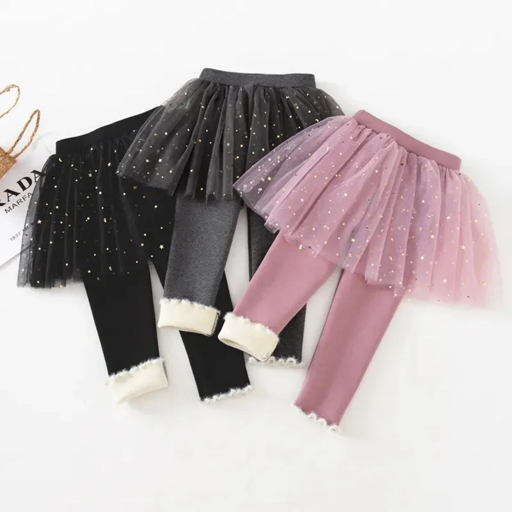 

Girls Leggings with Skirt Mesh Sequin Skirt Leggings Toddler Tutu Pants Footless Thick Velvet Tights Pant for Kids for 2-10Years