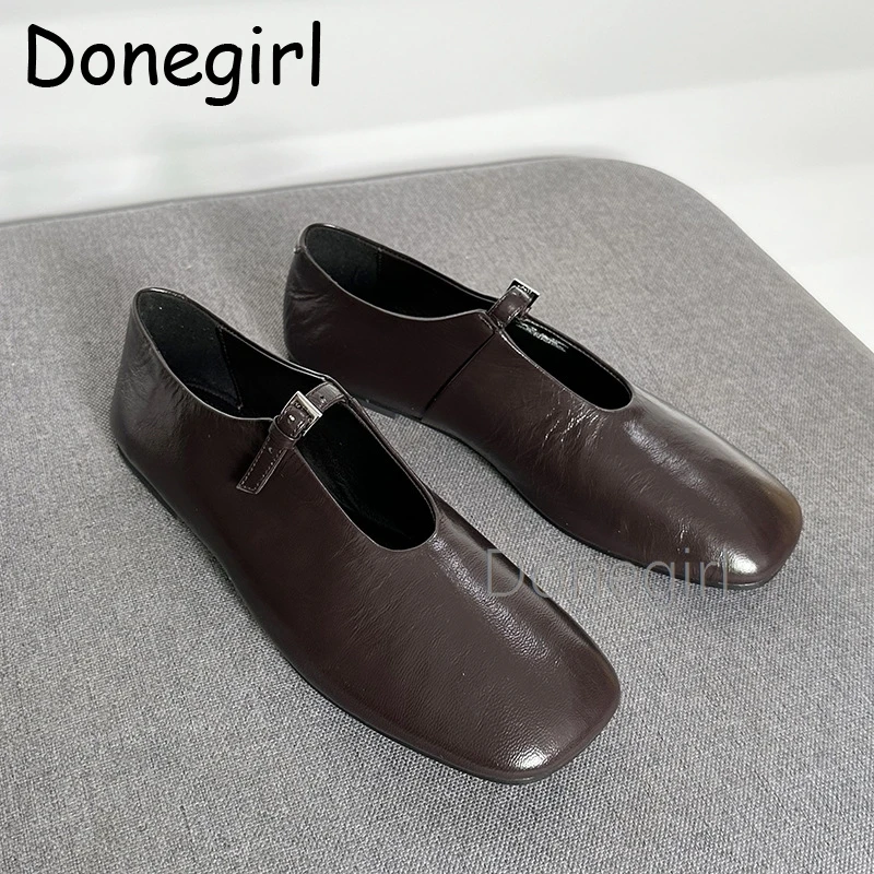 New Fashion Mary Janes Single Shoes Ballet Shoes Women's Retro Brown Genuine Leather Square Toe Grandma Shoe Lady Korean Style