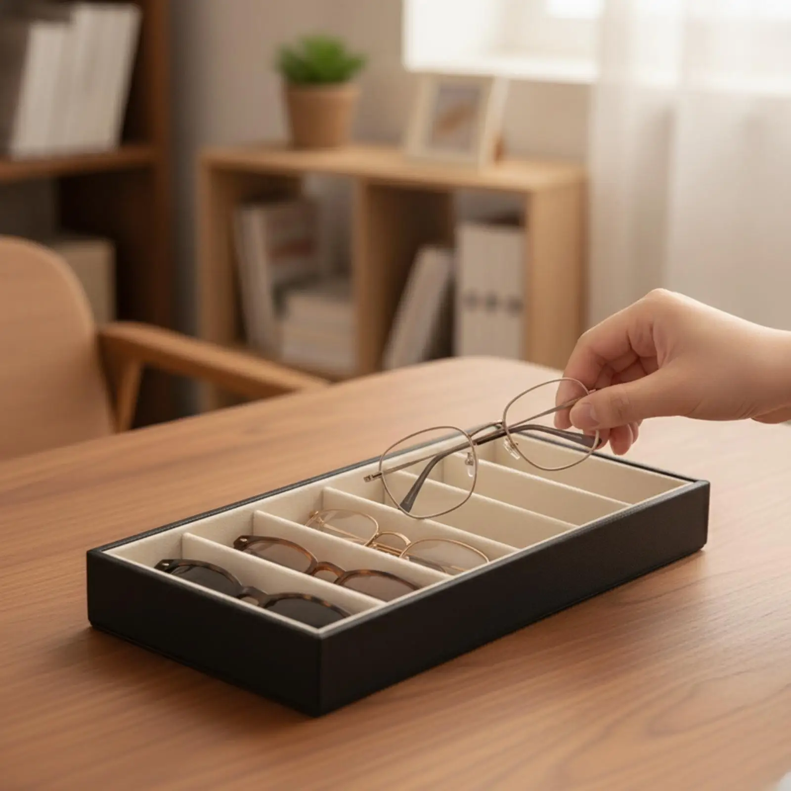 Eyewear Display Rack for Sunglasses and Optical Frames with MDF Base and PU Leather Exterior Organizer