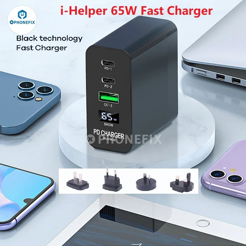 i-Helper-cargador de pared de 65W GaN para lámpara de escritorio, Banco de energía, Altavoz Bluetooth, auricular, pulsera inteligente, ventiladores pequeños