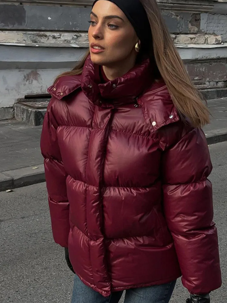 Women Fashion Burgundy Red Hooded Padded Jacket Winter Warm Stand Collar Zipper Breasted Parka 2024 New Lady High Streetwear