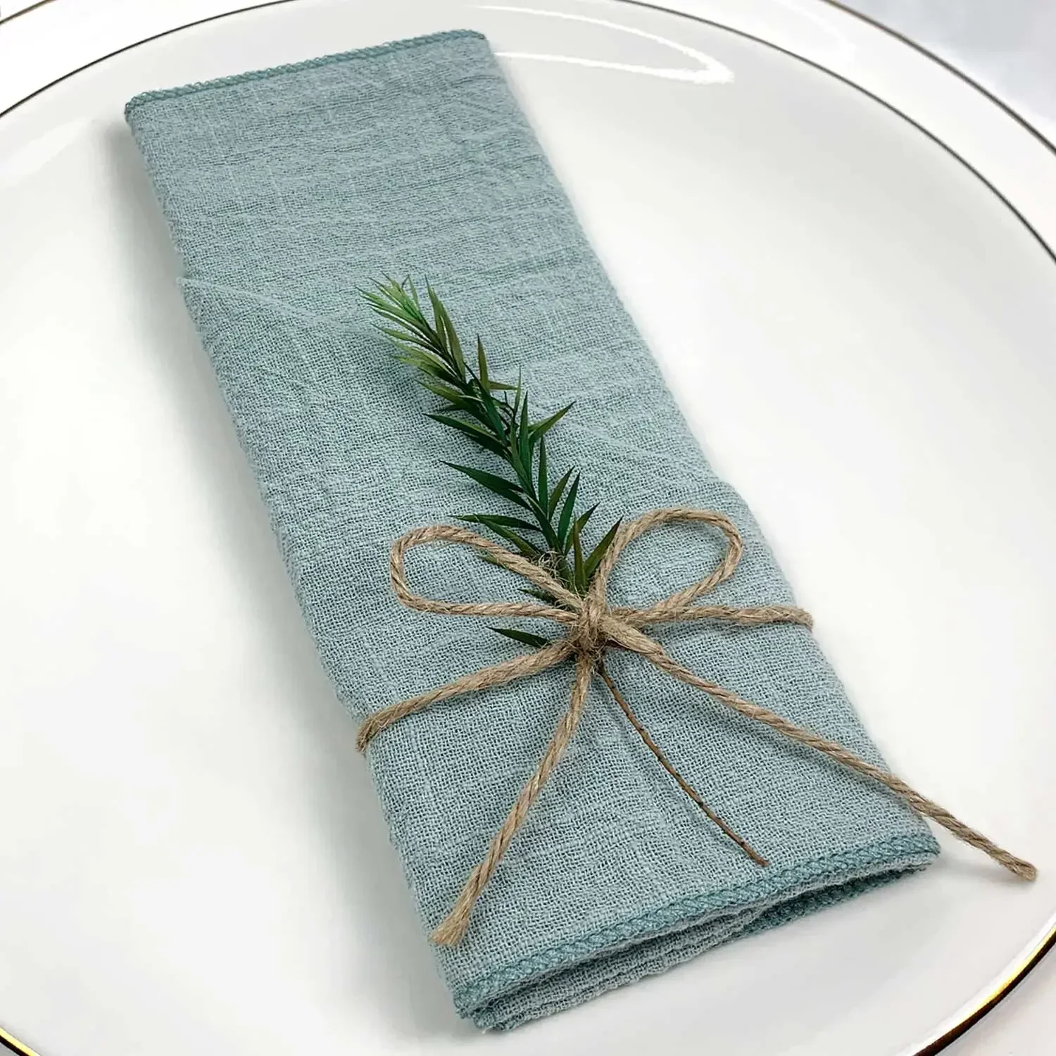 6pcs 30x30cm Gauze Cotton Wedding Napkins Reusable Green Trim Tea Towel Rustic Retro Burrs Napkins for Party Table Decoration