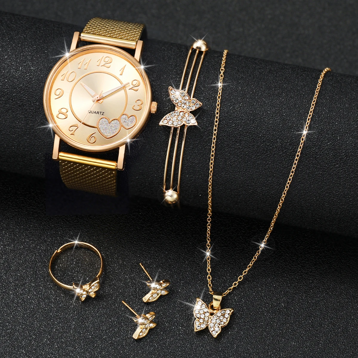 5PCS/Set Women Watches Diamond Butterfly Jewelry Set Fashion Gold Plastic Band Quartz Watch