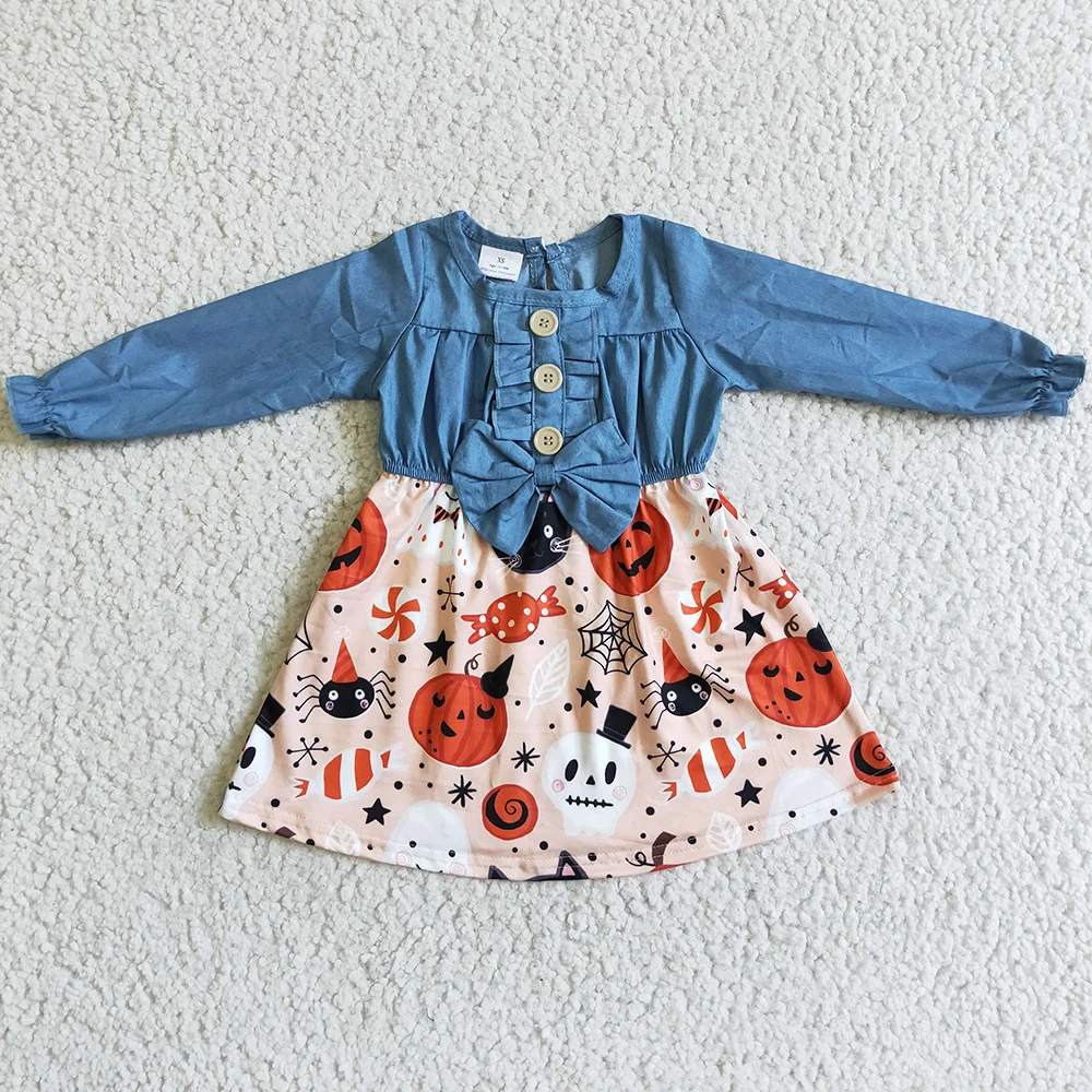 

New Design Halloween Baby Girls Dress Pumpkin Jeans Boutique Toddler Girl Dress Fashion Fall Girls Long Sleeve Dresses Wholesale