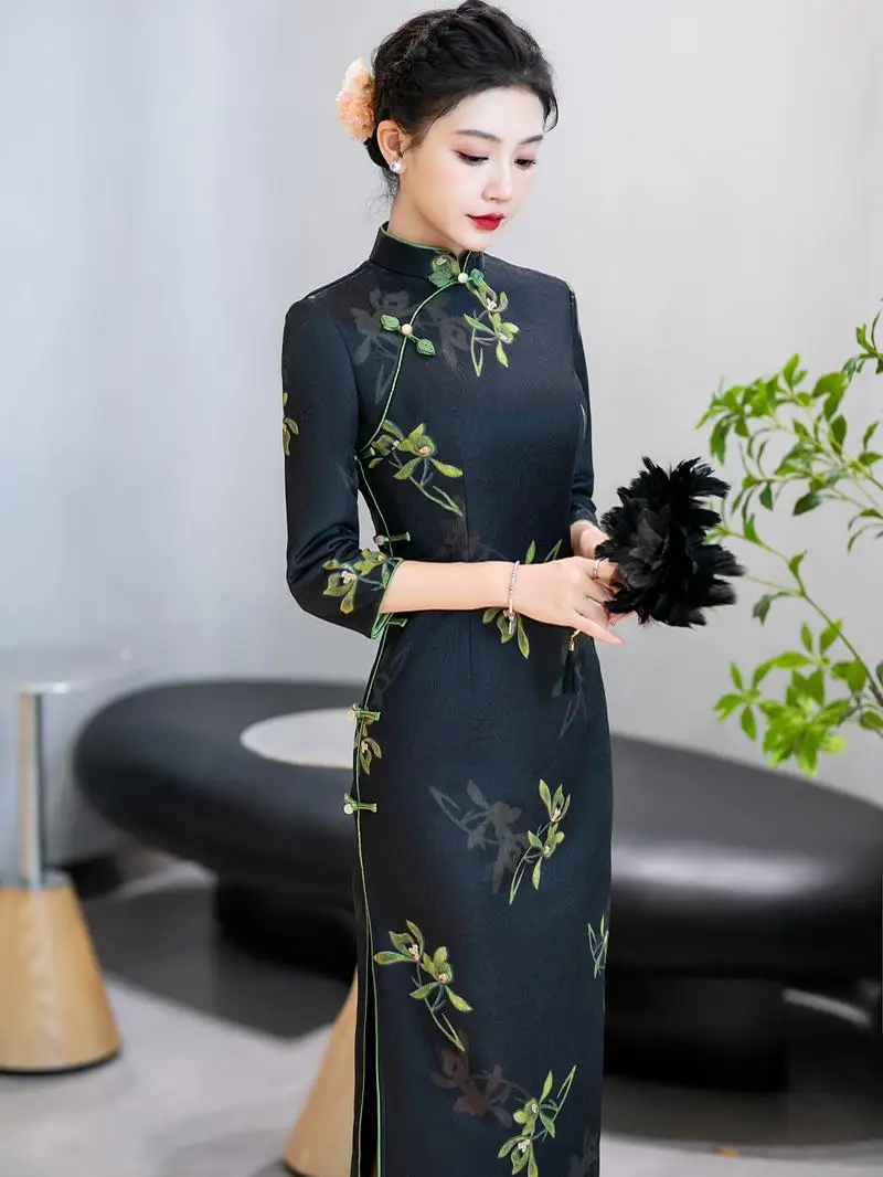 

Новое китайское платье в ретро-стиле с длинными рукавами, высокого качества, маленького размера, для осенне-зимнего сезона