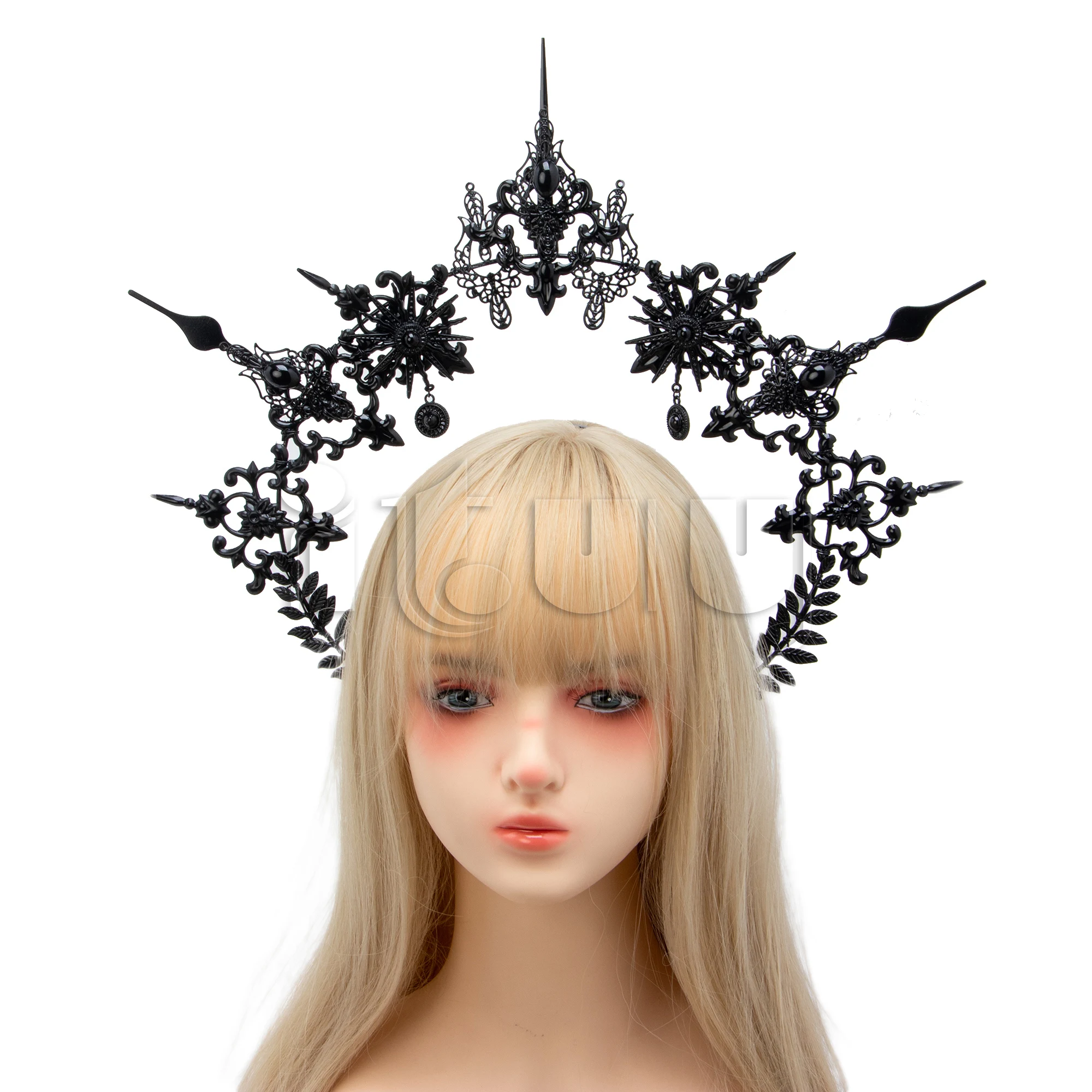 Handmade Gothic Lolita Pearl Sun Virgin Cross Crown Punk Headpiece Black Spiked KC Halo Headband