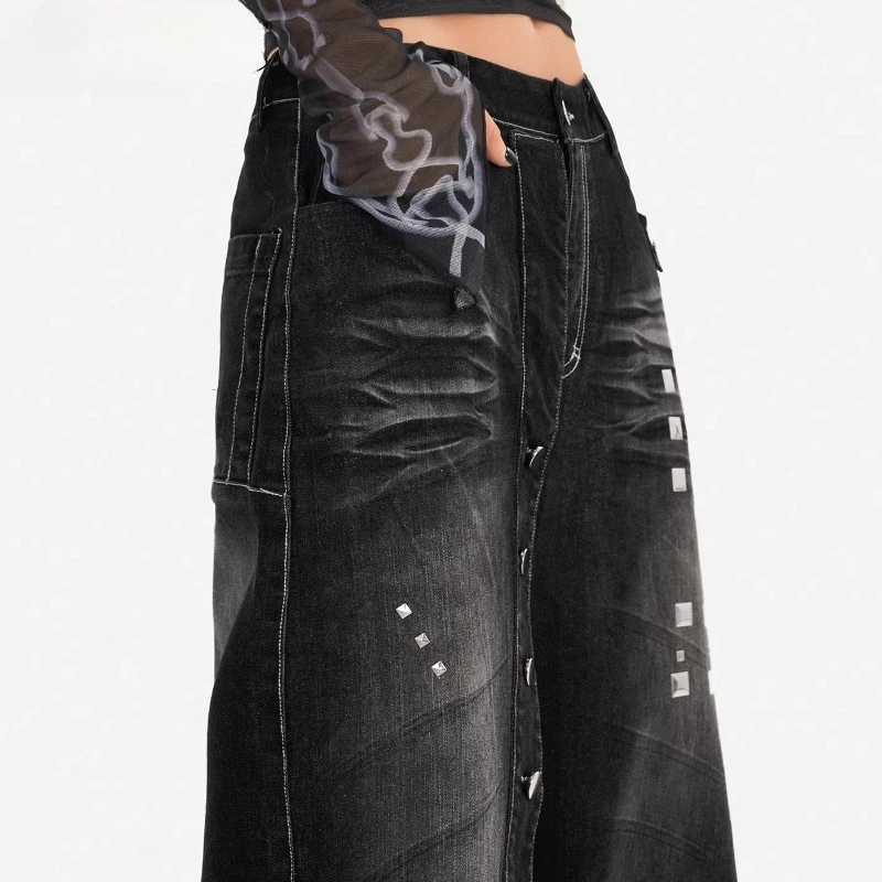 Original Retro Design Straight-Leg Women's Jeans 2026 Spring New Black Square Stud Punk Style Loose Wide-Leg Long Pants Ladies