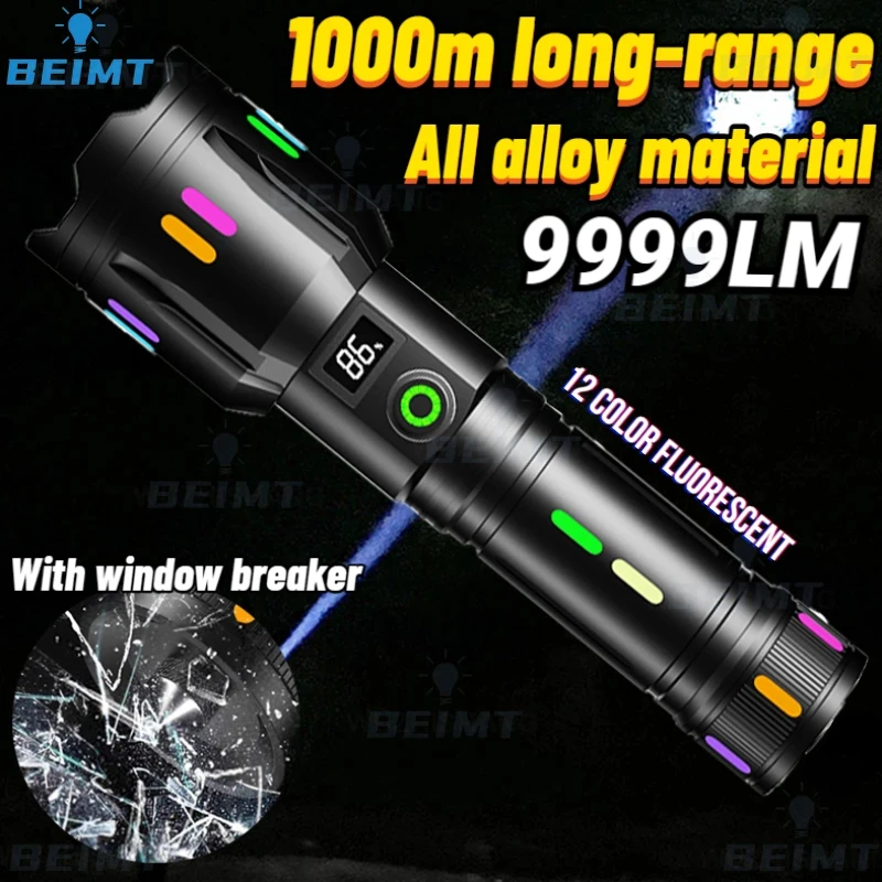 1000M 9999LM High Power Spotlight Long Range LED Flashlight with Luminous StripsTail Glass Breaker Zoom Torch Camping Emergency