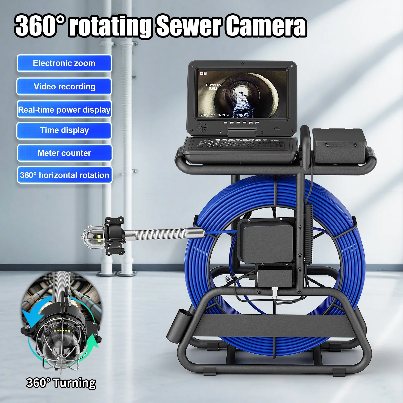10 Inch 360° Rotating Sewer Drain Inspection Camera 512Hz Transmitter with Keyboard Meter Counter Industrial Pipe Borescope IP68